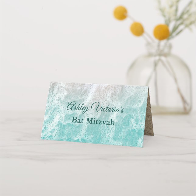 Turquoise Beach Waves Bat Mitzvah Folded Placeringskort (Baksida)