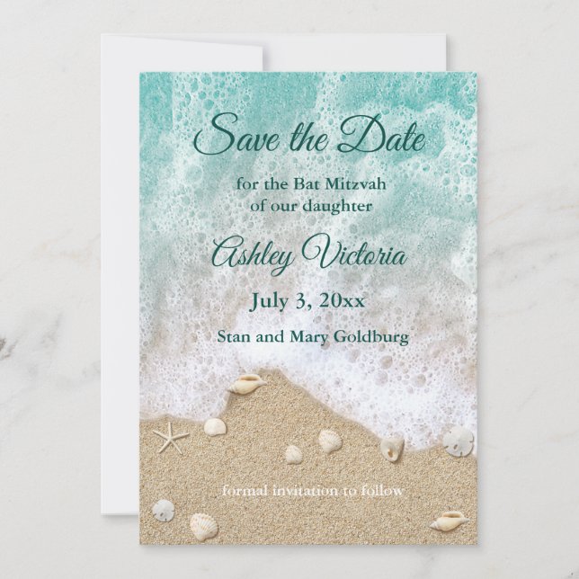 Turquoise Beach Waves Bat Mitzvah Save the Date Inbjudningar (Framsida)