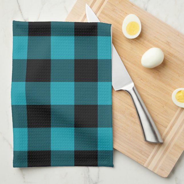 Turquoise Black Buffalo Check Plaid Rustic Kökshandduk (Vikt i Fjärdedel)