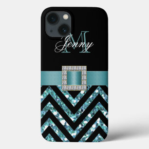TURQUOISE BLACK CHEVRON GLITTER GIRLY