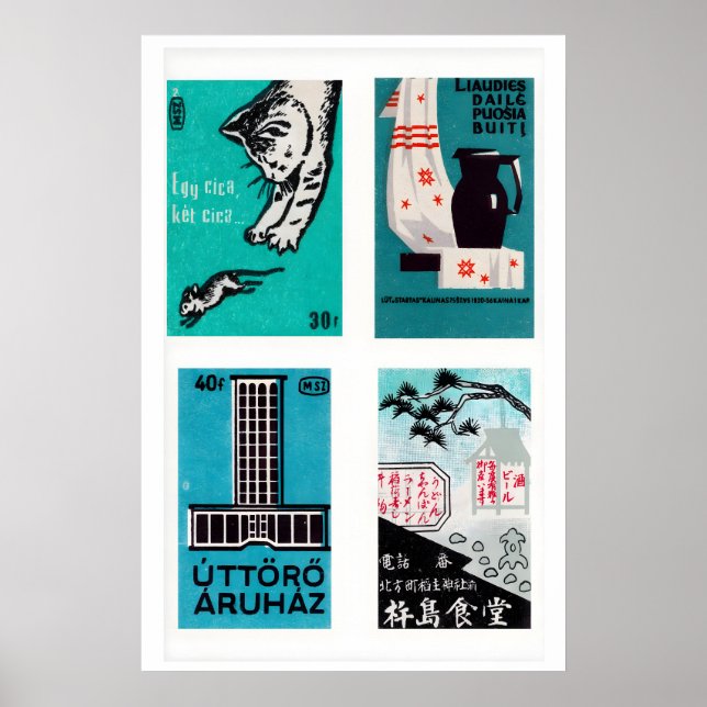 Turquoise & Black Matchbox Labels Grid Print Poster (Framsidan)