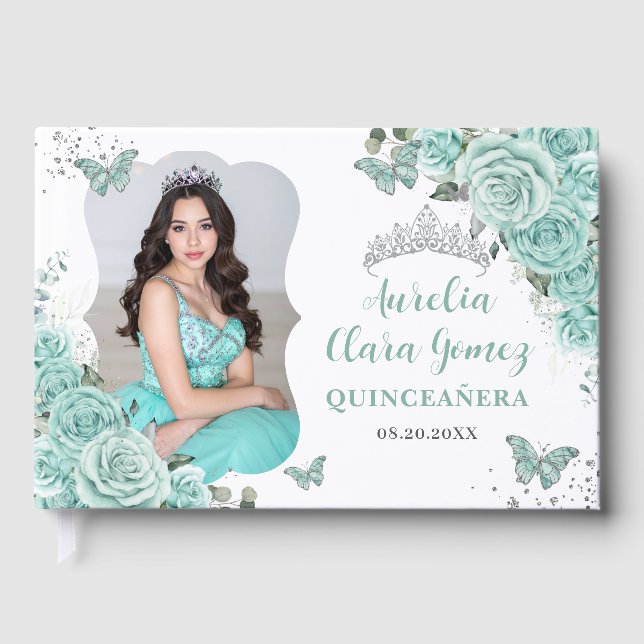 Turquoise Blue Floral Silver Quinceanera 16 Photo Gästböcker (Framsida)