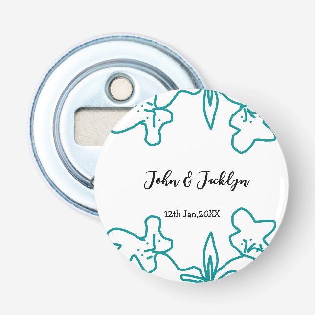 Turquoise blue wedding couple name date flstylish  flasköppnare (Framsidan)