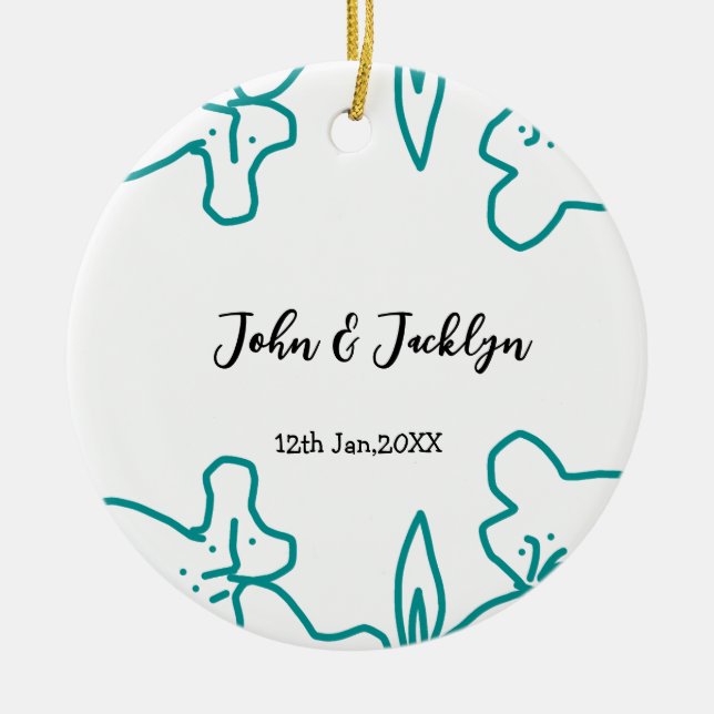 Turquoise blue wedding couple name date flstylish  julgransprydnad keramik (Framsidan)