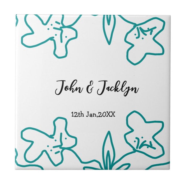 Turquoise blue wedding couple name date flstylish  kakelplatta (Framsidan)