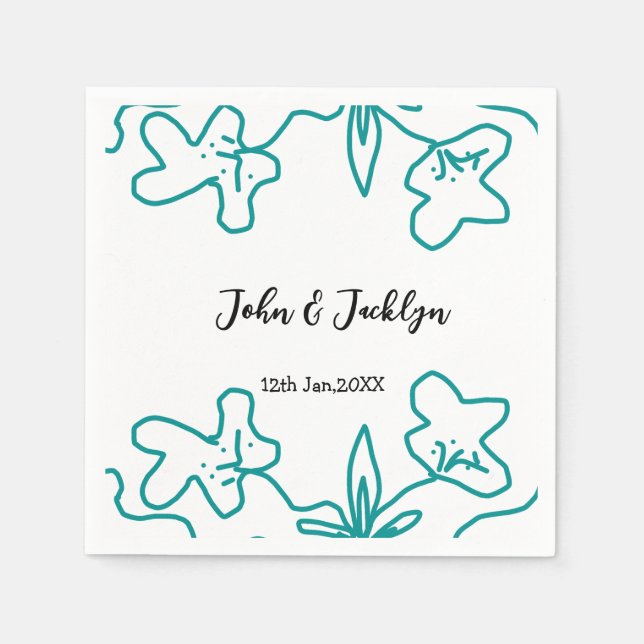 Turquoise blue wedding couple name date flstylish  pappersservett (Framsidan)