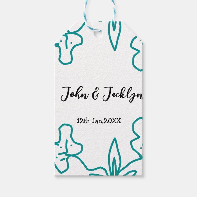 Turquoise blue wedding couple name date flstylish  presentetikett (Framsidan)