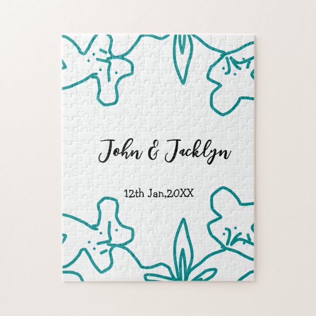 Turquoise blue wedding couple name date flstylish  pussel (Vertikal)