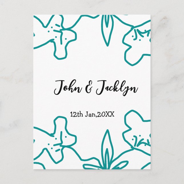 Turquoise blue wedding couple name date flstylish  vykort (Framsida)
