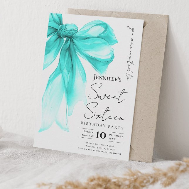 Turquoise Bow Coquette Script Sweet 16 Party  Inbjudningar (Turquoise Bow Coquette Script Sweet 16 Party Invitation)