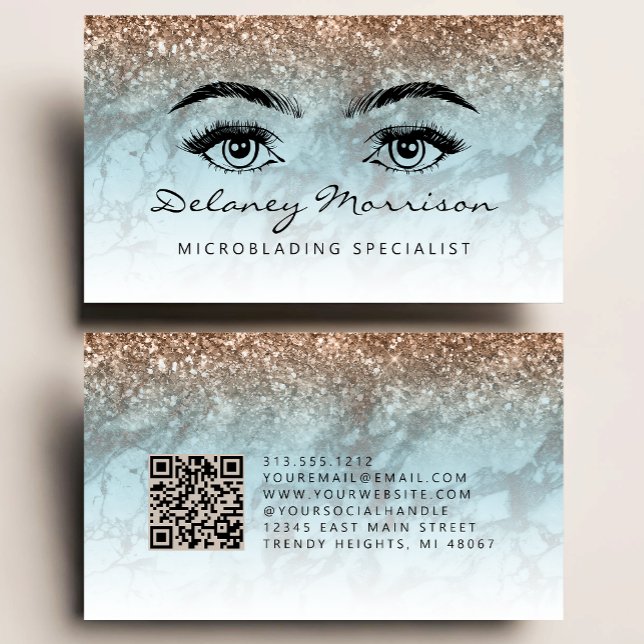Turquoise Bronze Marble Eyes QR Code Microblading Visitkort (Skapare uppladdad)