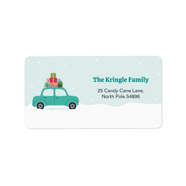 Turquoise Car with Christmas Gifts in Aqua Blue Adressetikett (Framsidan)