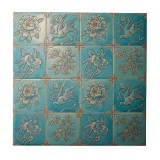 Turquoise Chinoiserie Relief Pattern Ceramic Tile Kakelplatta