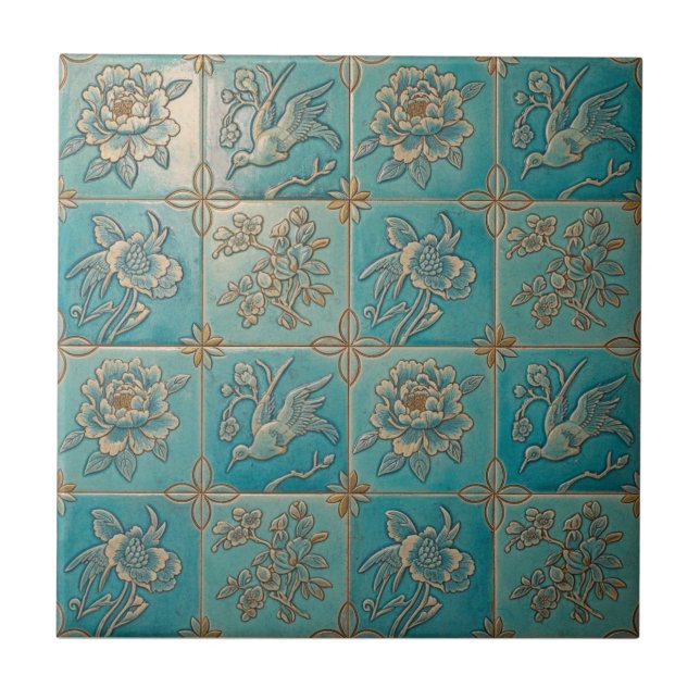 Turquoise Chinoiserie Relief Pattern Ceramic Tile Kakelplatta (Framsidan)