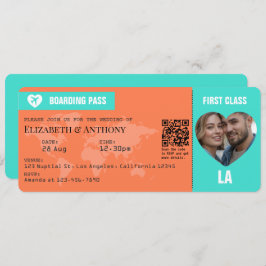 Turquoise & Coral Boarding Pass Wedding Inbjudningar