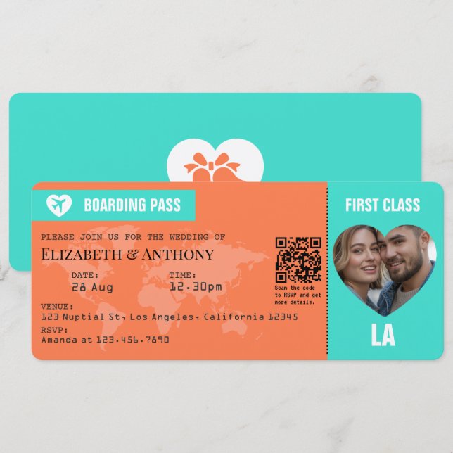 Turquoise & Coral Boarding Pass Wedding Inbjudningar (Fram/baksida)