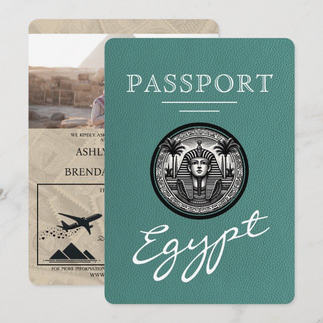 Turquoise Egypt Passport Wedding Invitation Inbjudningar (Fram/baksida)