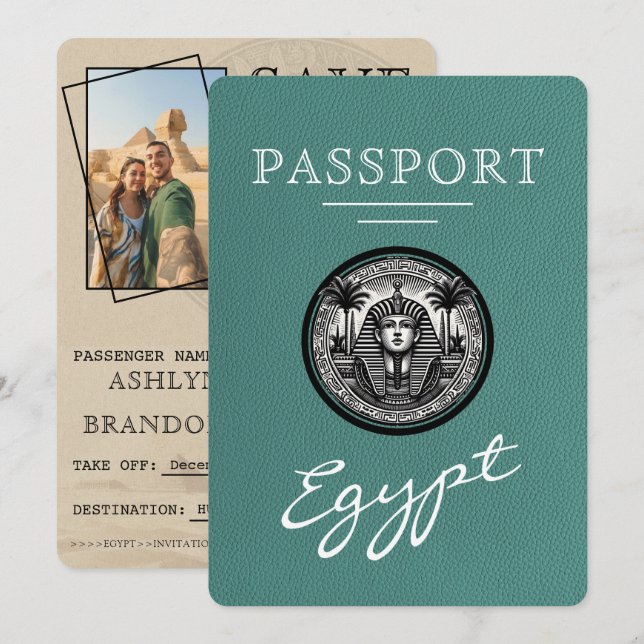 Turquoise Egypt Passport Wedding Save the Date Spara Datumet (Fram/baksida)