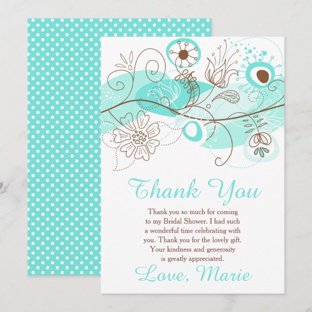 Turquoise Floral Twist Bridal Shower  Tack Kort (Fram/baksida)