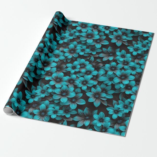 Turquoise Flowers Wrapping Paper Presentpapper (Utrullad)