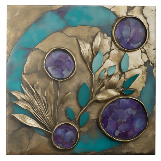 Turquoise Geometric Floral with Gold & Purple  Kakelplatta (Framsidan)