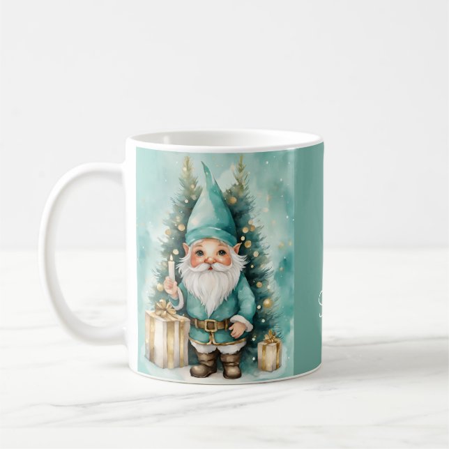 Turquoise & Gold Cozy Christmas Gnome Kaffemugg (Vänster)