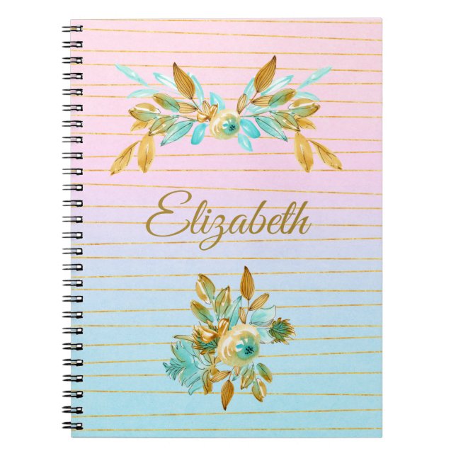 Turquoise & Gold Floral Personalized Notebook Anteckningsbok (Framsidan)