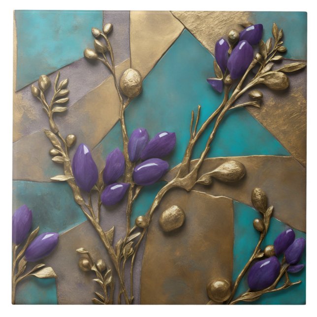 Turquoise & Gold Floral Relief Art with Purple  Kakelplatta (Framsidan)