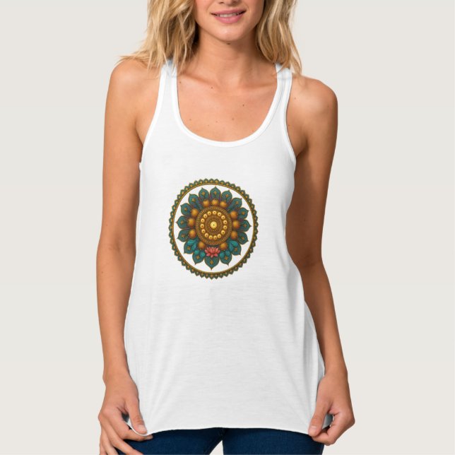 Turquoise Gold Lotus Mandala -Boho Fantasy Graphic Linne Med Racerback (Framsida)