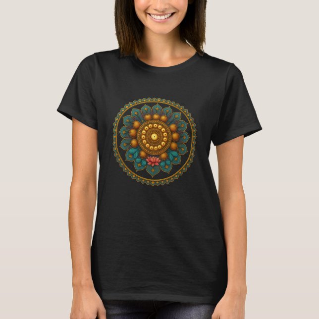 Turquoise Gold Lotus Mandala -Boho Fantasy Graphic T Shirt (Framsida)