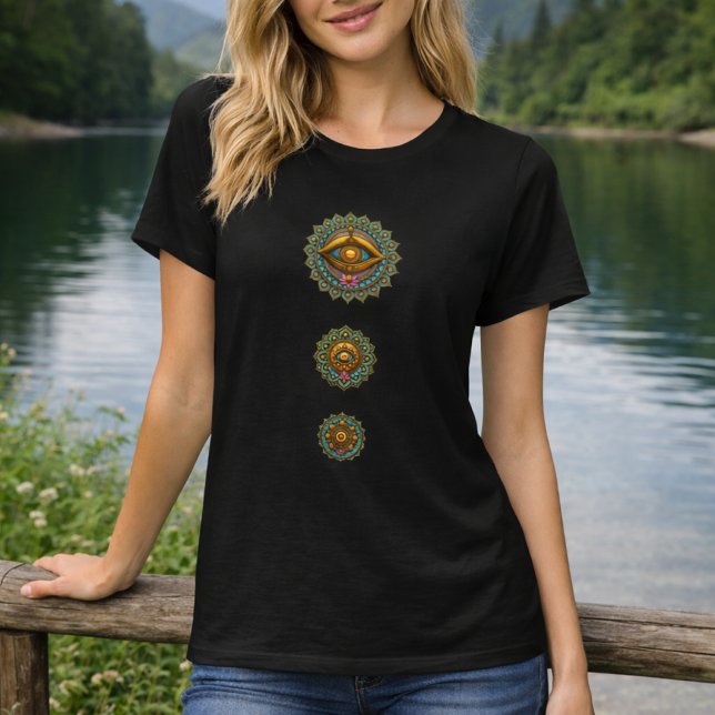 Turquoise Gold Lotus Mandala Eye Art -Boho Graphic T Shirt (Skapare uppladdad)