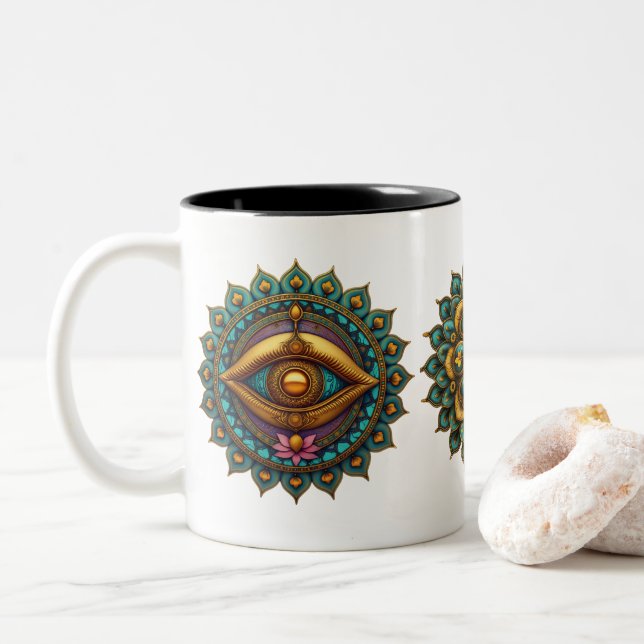 Turquoise Gold Lotus Mandala - Fantasy Graphic Art Två-Tonad Mugg (Med munk)