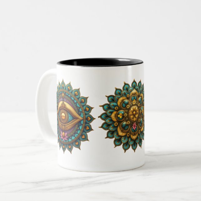 Turquoise Gold Lotus Mandala - Fantasy Graphic Art Två-Tonad Mugg (Framsida vänster)