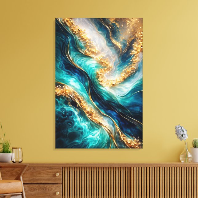 Turquoise & Gold Marble Swirls Canvas Print (Insitu (Vardagsrum))