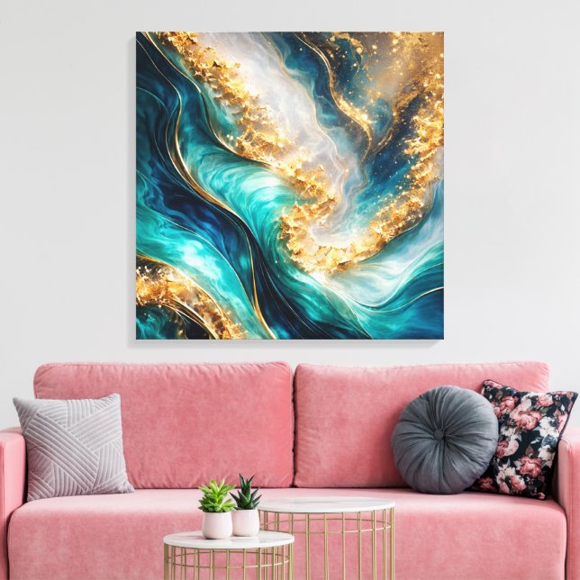 Turquoise & Gold Marble Swirls Canvas Print (Insitu (Vardagsrum))