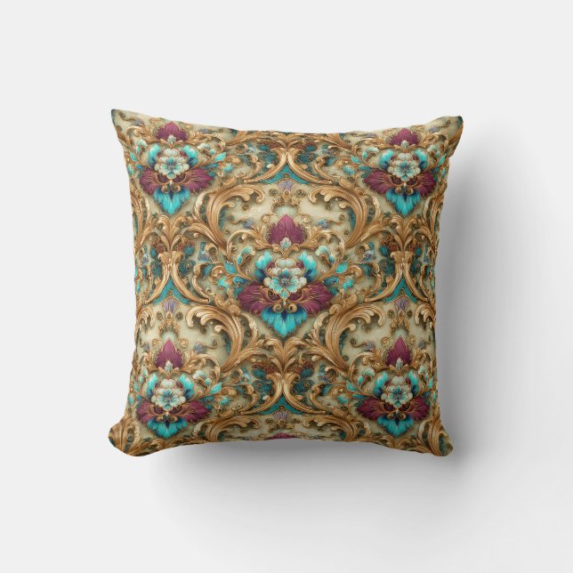 Turquoise & Gold Ornate Damask Kudde (Framsida)