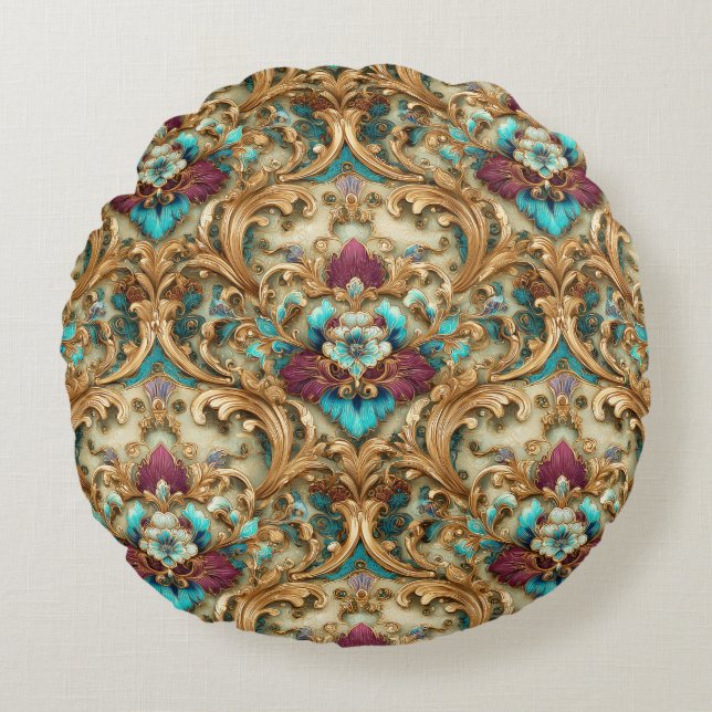 Turquoise & Gold Ornate Damask Rund Kudde (Framsidan)