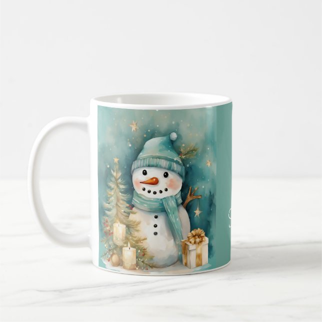 Turquoise & Gold Snowman with Christmas Tree Kaffemugg (Vänster)