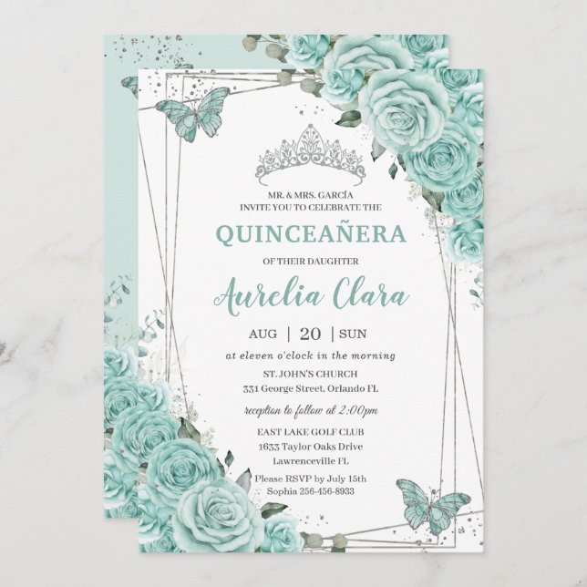 Turquoise Green Floral Butterflies Quinceanera 15  Inbjudningar (Fram/baksida)