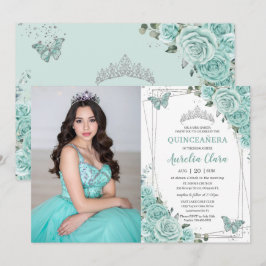 Turquoise Green Floral Butterflies Quinceanera 15  Inbjudningar