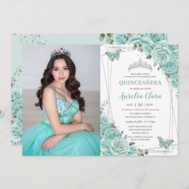 Turquoise Green Floral Butterflies Quinceanera 15  Inbjudningar (Fram/baksida)