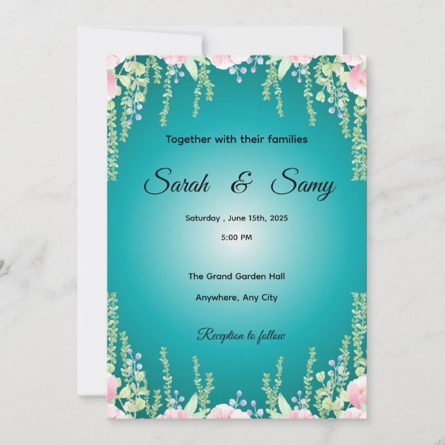Turquoise Green Floral Wedding Invitation | Elegan Inbjudningar (Framsida)