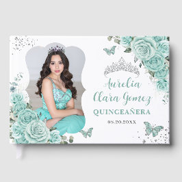 Turquoise Green Roses Floral QUINCEAÑERA 16 Photo Gästböcker