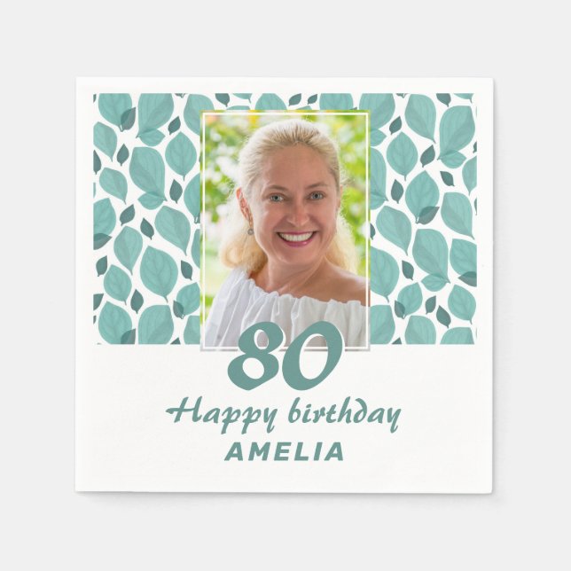 Turquoise Leaf Pattern 80th Birthday Party Photo Pappersservett (Framsidan)