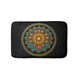 Turquoise Lotus Mandala - Black Boho Graphic Art Badrumsmatta