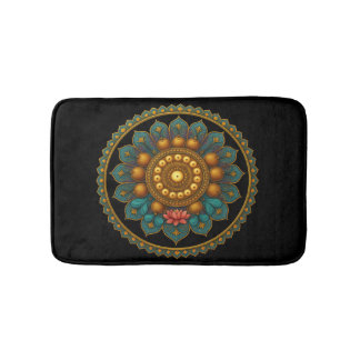 Turquoise Lotus Mandala - Black Boho Graphic Art Badrumsmatta