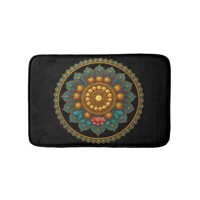 Turquoise Lotus Mandala - Black Boho Graphic Art Badrumsmatta (Framsidan)