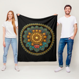 Turquoise Lotus Mandala - Black Boho Graphic Art Fleecefilt