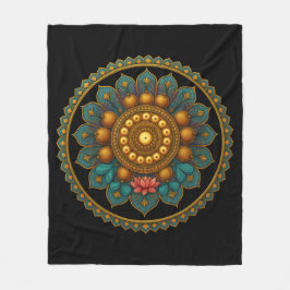 Turquoise Lotus Mandala - Black Boho Graphic Art Fleecefilt