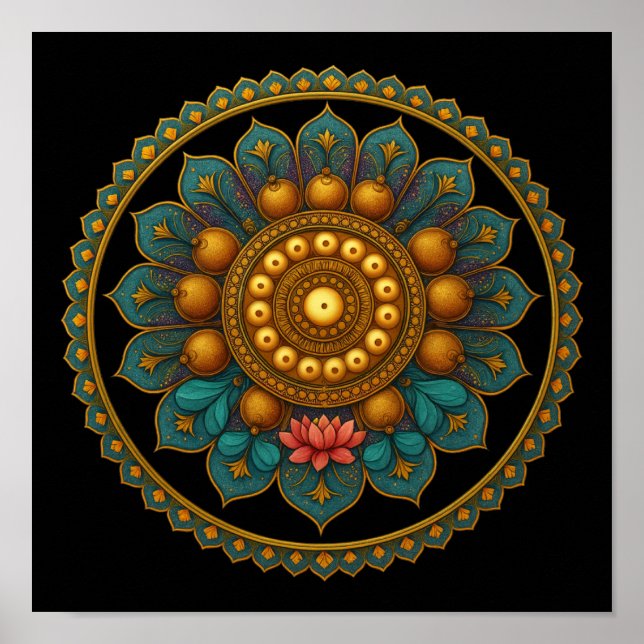 Turquoise Lotus Mandala - Black Boho Graphic Art Poster (Framsidan)